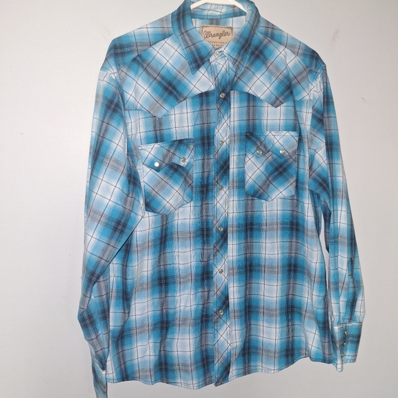 Wrangler Other - Wrangler Western Fasion Pearl Snap Buttons Shirt Mens Sz Large L Blue